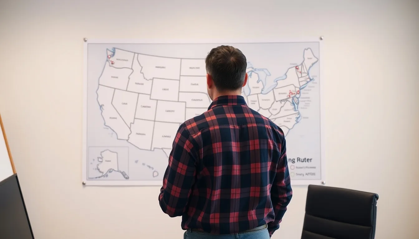 Homebuilder reviewing a US map with marked subdivision locations