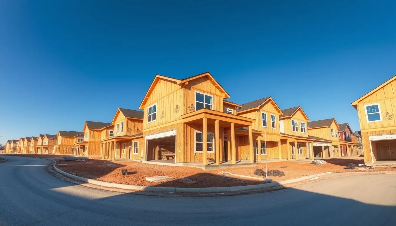 Wide view of a production home subdivision under construction with multiple framed houses