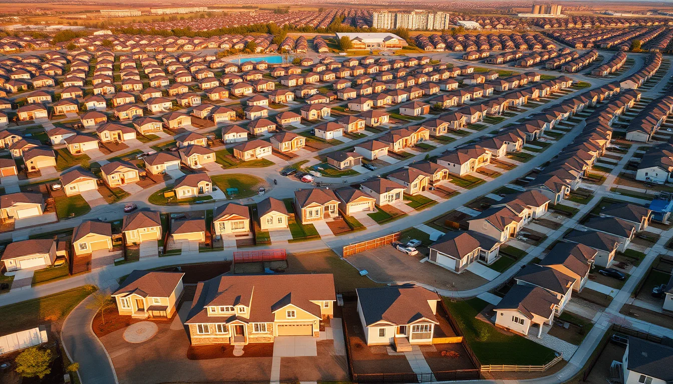 Aerial view of a large production home subdivision with dozens of houses under construction